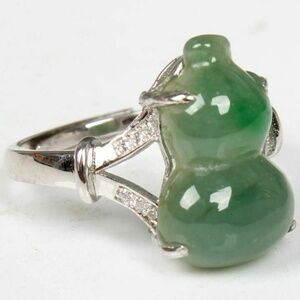 925 Silver Cert'd Natural Green A Jadeite jade adjustable Ring Gift gourd